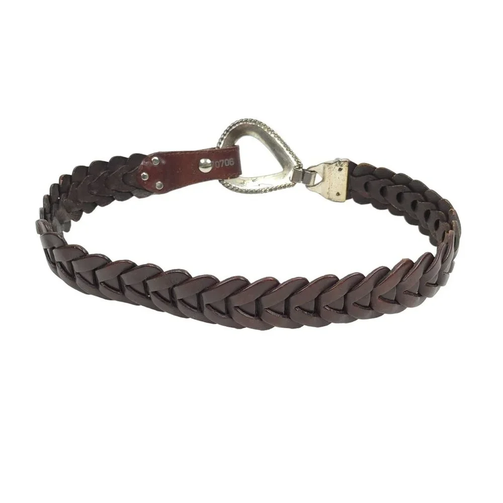 Braided Brown Leather Belt Vintage R.O.C. Womens Sz S Western Silver Tone Buckle